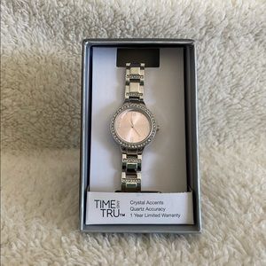Silver rhinestone watch with pink face